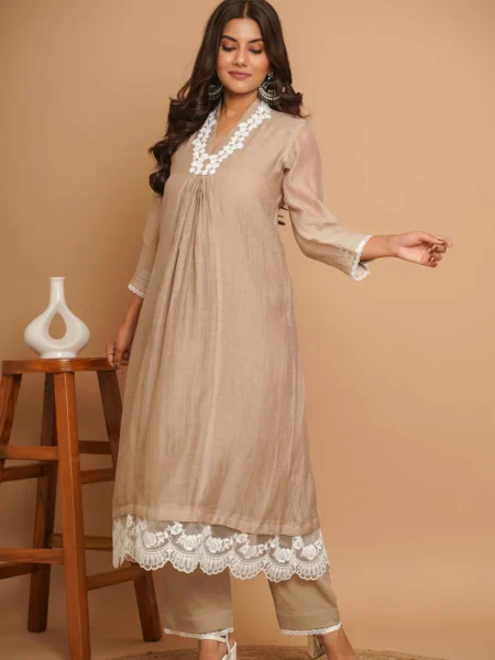 Gulabik Beige Lace Kurta Pant Set