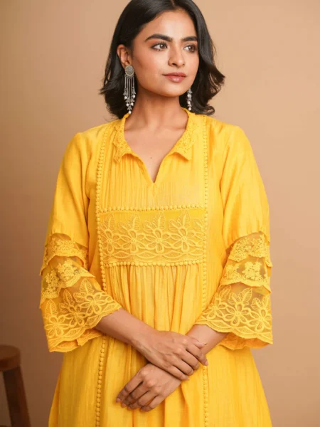 Gulabik Yellow Lace Kurta Pant Ethnic Suit Set for Women
