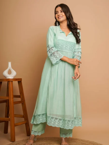 Gulabik Dusty Green Lace Kurta Pant Set for Women