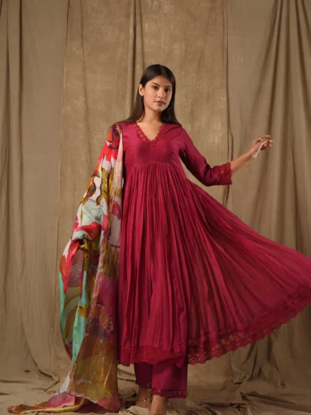 Deep Magenta Anarkali With Digitally Printed Dupatta