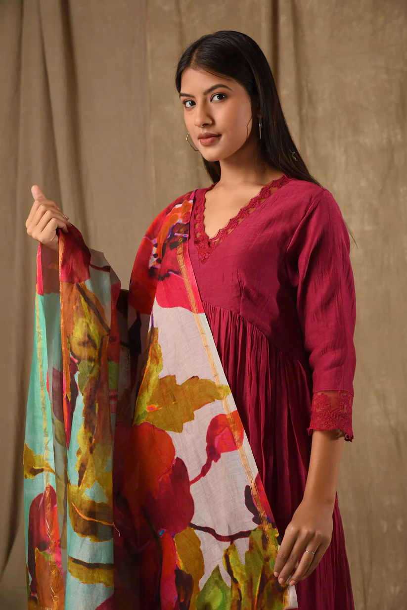 Deep Magenta Anarkali With Digitally Printed Dupatta