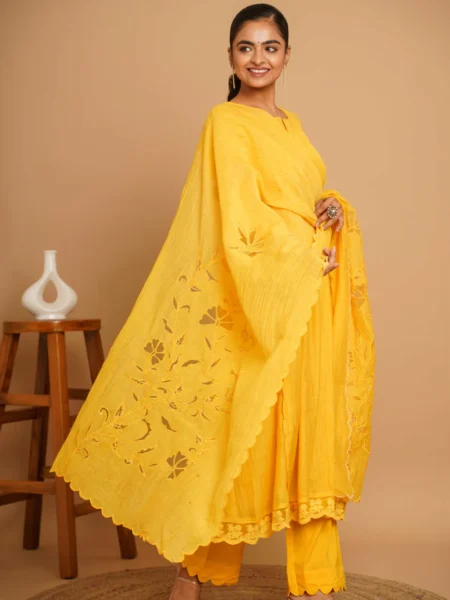 Gulabik Yellow Net Applique Suit Set