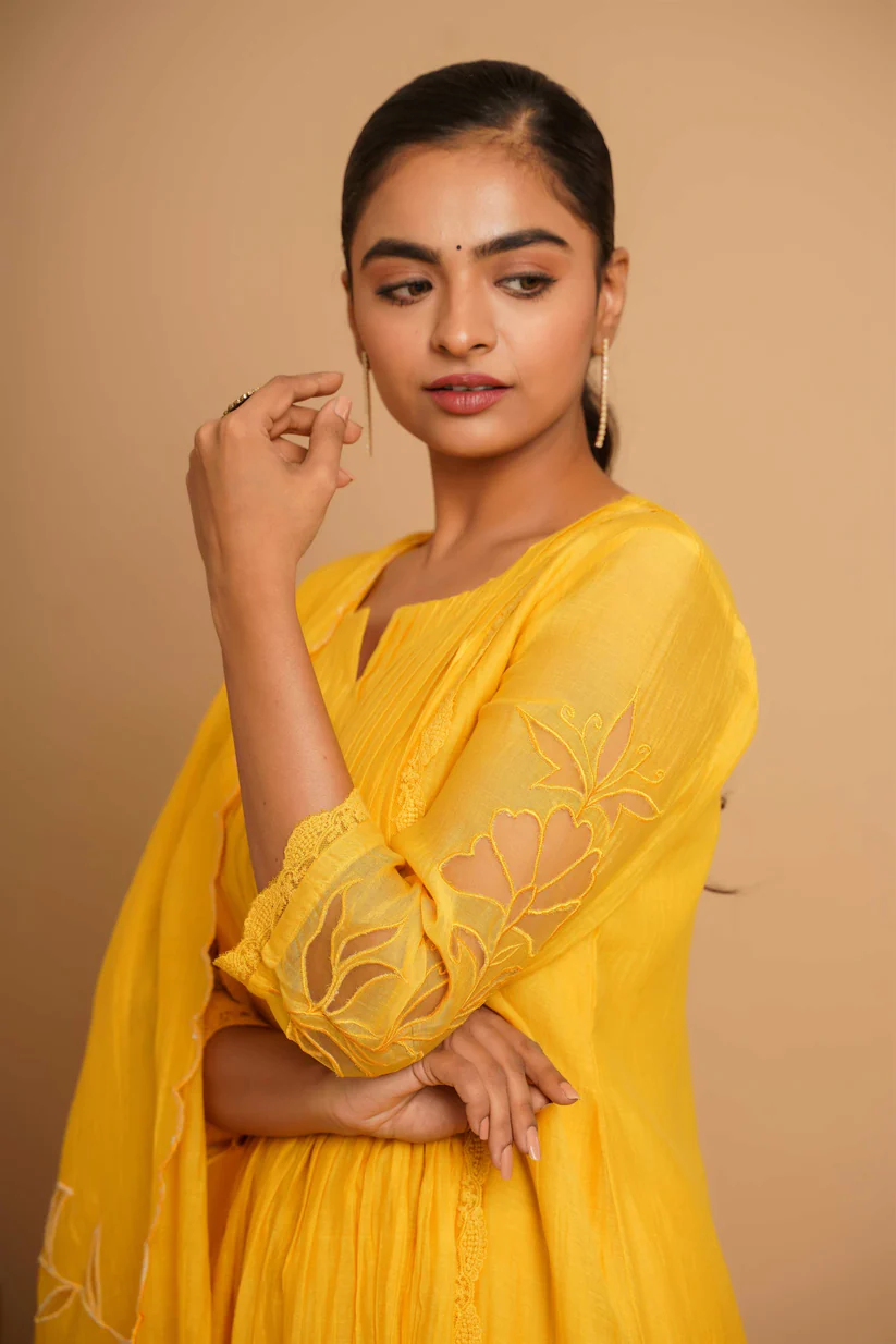 Gulabik Yellow Net Applique Suit Set