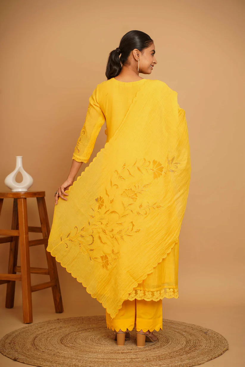 Gulabik Yellow Net Applique Suit Set