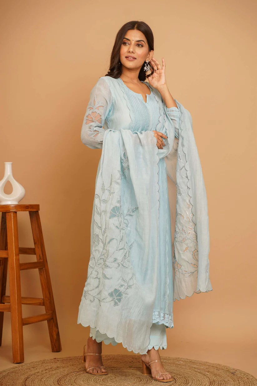Gulabik Powder Blue Net Applique Suit Set
