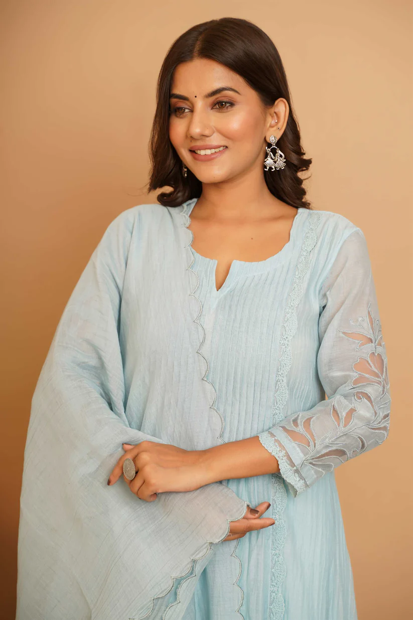 Gulabik Powder Blue Net Applique Suit Set