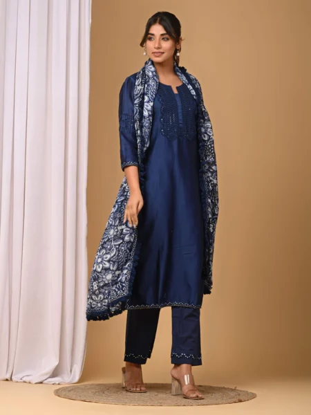 Gulabik Navy Straight Suit Set with Chiffon Dupatta