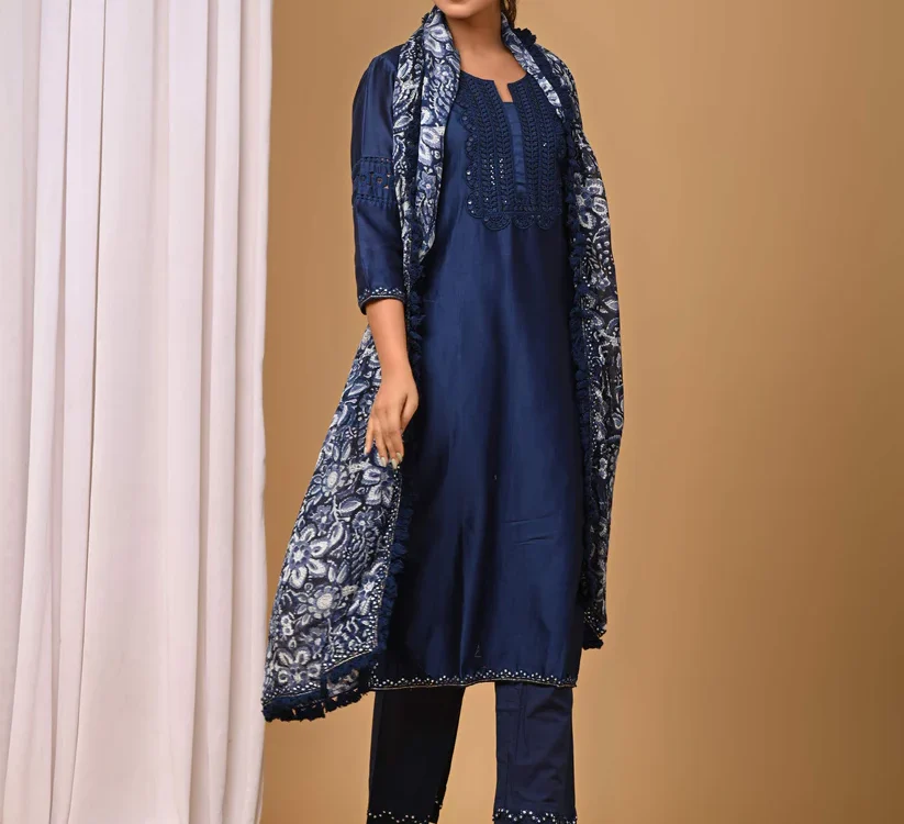 Gulabik Navy Straight Suit Set with Chiffon Dupatta