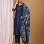 Gulabik Navy Straight Suit Set with Chiffon Dupatta