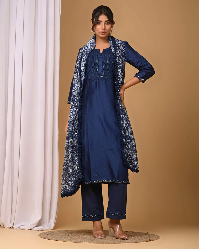 Gulabik Navy Straight Suit Set with Chiffon Dupatta