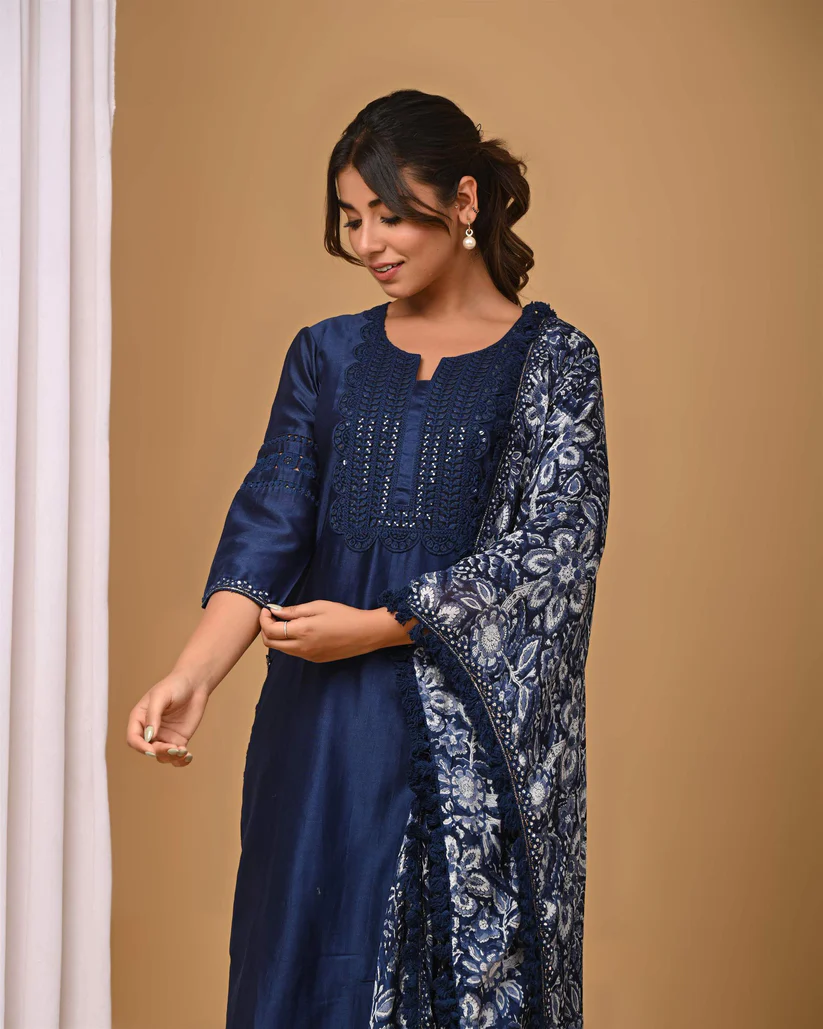 Gulabik Navy Straight Suit Set with Chiffon Dupatta