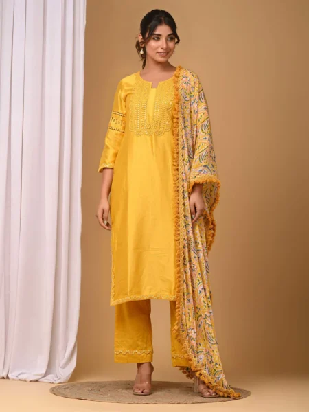 Gulabik Yellow Straight Suit Set with Chiffon Dupatta