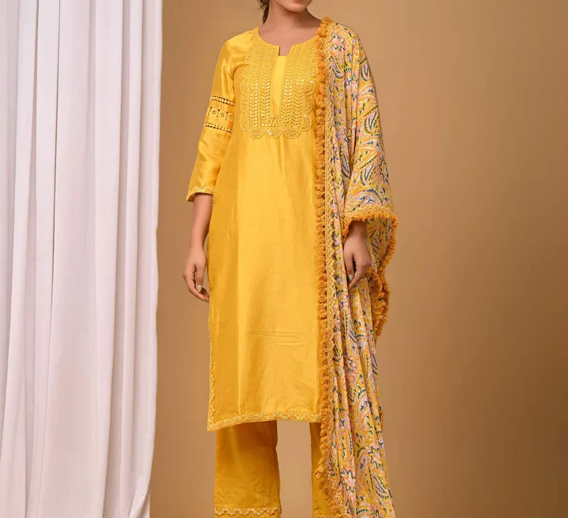 Gulabik Yellow Straight Suit Set with Chiffon Dupatta