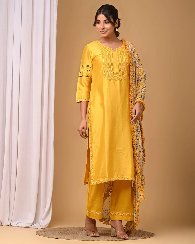 Gulabik Yellow Straight Suit Set with Chiffon Dupatta