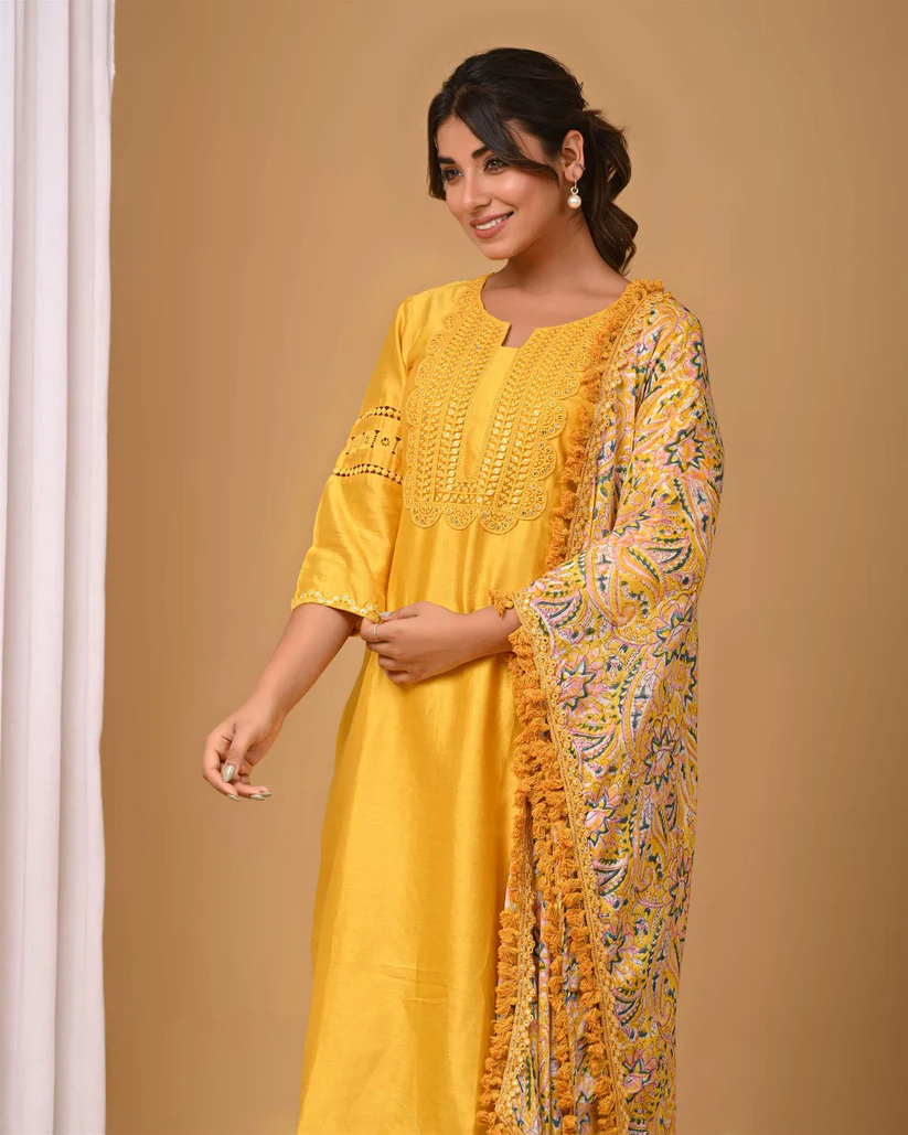 Gulabik Yellow Straight Suit Set with Chiffon Dupatta
