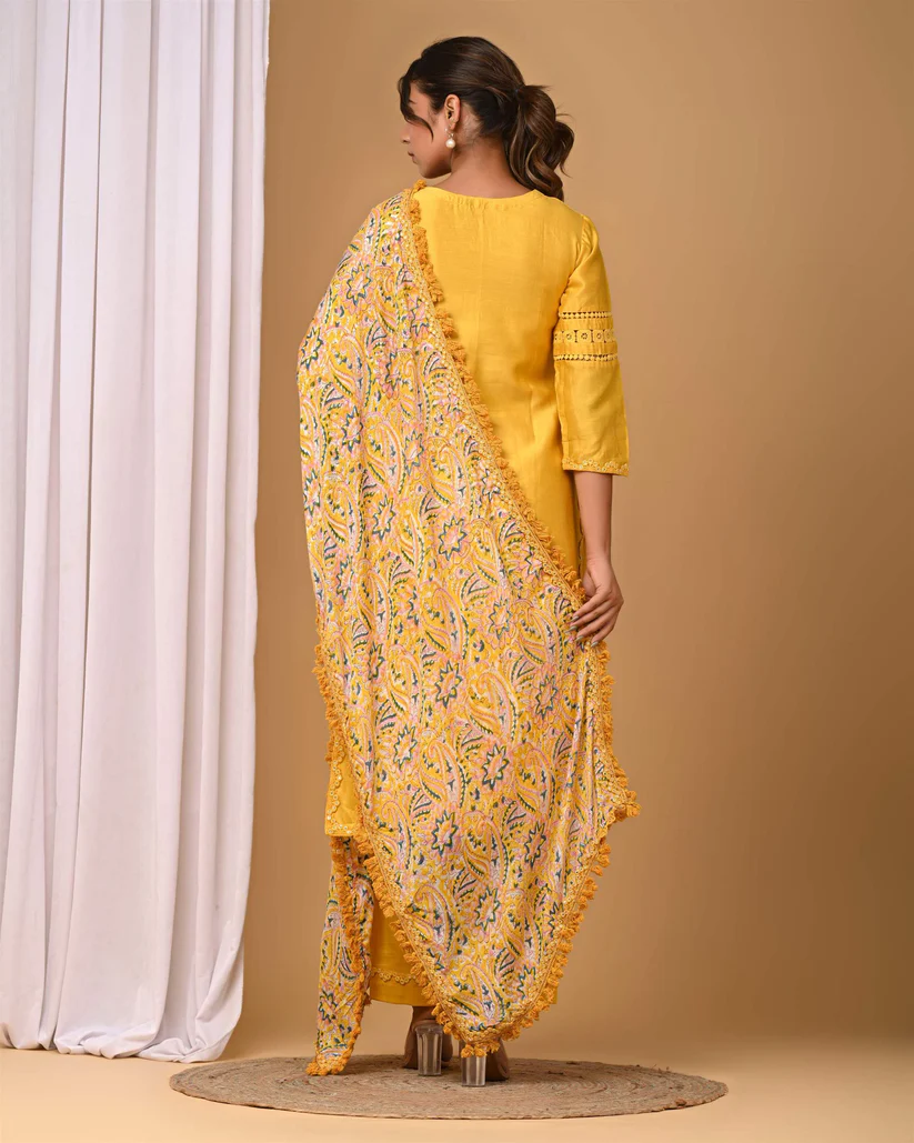 Gulabik Yellow Straight Suit Set with Chiffon Dupatta