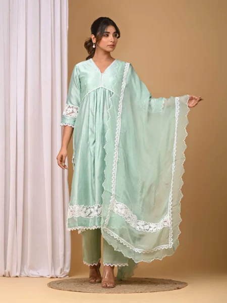 Gulabik Dusty Green Front Gather Suit Set