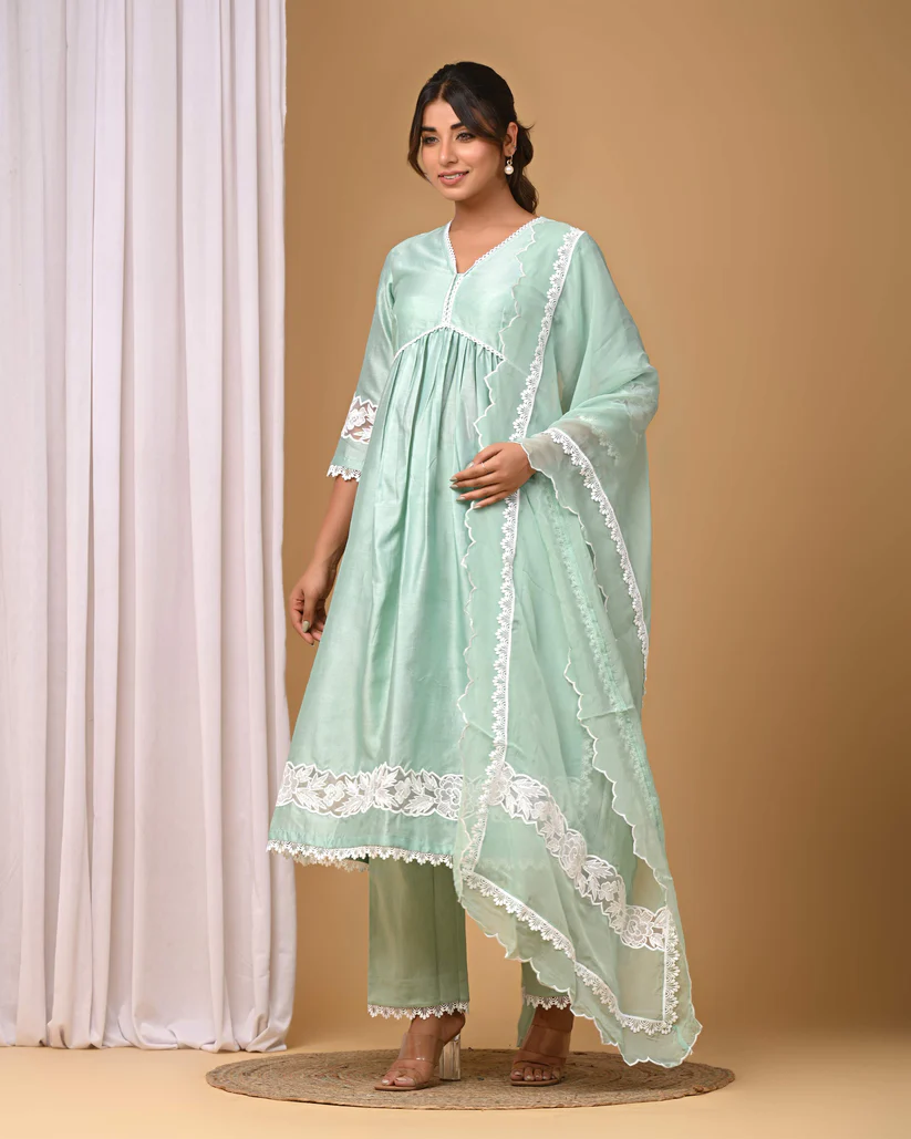Gulabik Dusty Green Front Gather Suit Set