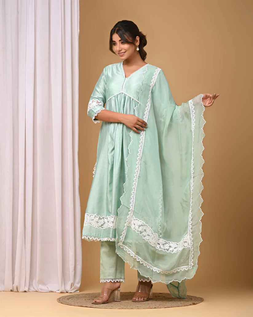 Gulabik Dusty Green Front Gather Suit Set