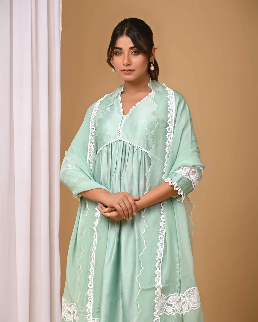 Gulabik Dusty Green Front Gather Suit Set