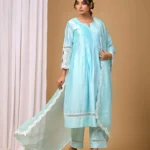 Gulabik Sea Green Front Pintucks Suit Set with Organza Sleeves