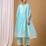 Gulabik Sea Green Front Pintucks Suit Set with Organza Sleeves
