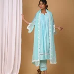 Gulabik Sea Green Front Pintucks Suit Set with Organza Sleeves