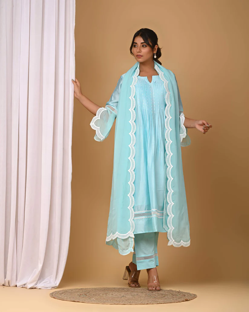 Gulabik Sea Green Front Pintucks Suit Set with Organza Sleeves