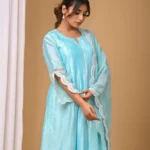 Gulabik Sea Green Front Pintucks Suit Set with Organza Sleeves