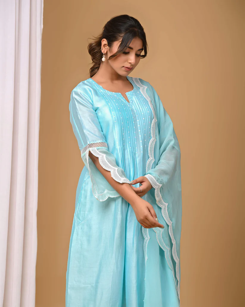 Gulabik Sea Green Front Pintucks Suit Set with Organza Sleeves