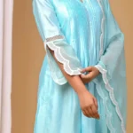 Gulabik Sea Green Front Pintucks Suit Set with Organza Sleeves