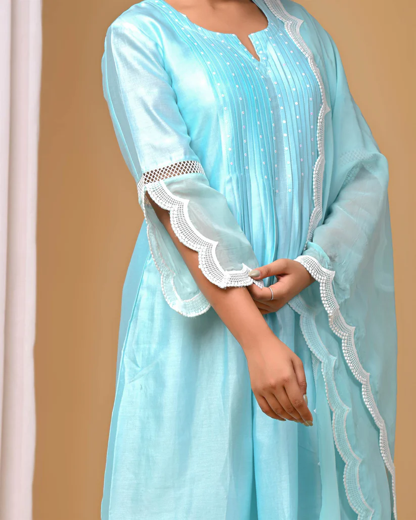 Gulabik Sea Green Front Pintucks Suit Set with Organza Sleeves