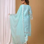Gulabik Sea Green Front Pintucks Suit Set with Organza Sleeves