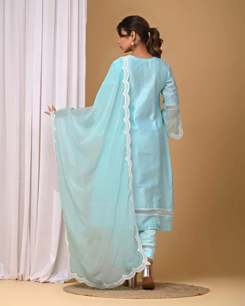 Gulabik Sea Green Front Pintucks Suit Set with Organza Sleeves