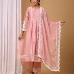 Gulabik Dusty Peach Front Pintucks Suit Set with Organza Sleeves