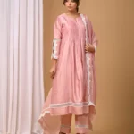 Gulabik Dusty Peach Front Pintucks Suit Set with Organza Sleeves