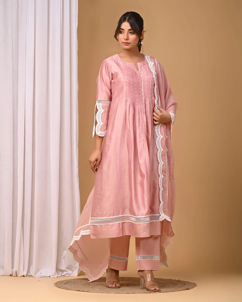 Gulabik Dusty Peach Front Pintucks Suit Set with Organza Sleeves