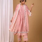 Gulabik Dusty Peach Front Pintucks Suit Set with Organza Sleeves