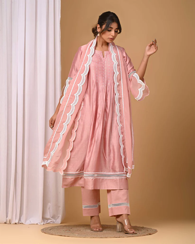 Gulabik Dusty Peach Front Pintucks Suit Set with Organza Sleeves