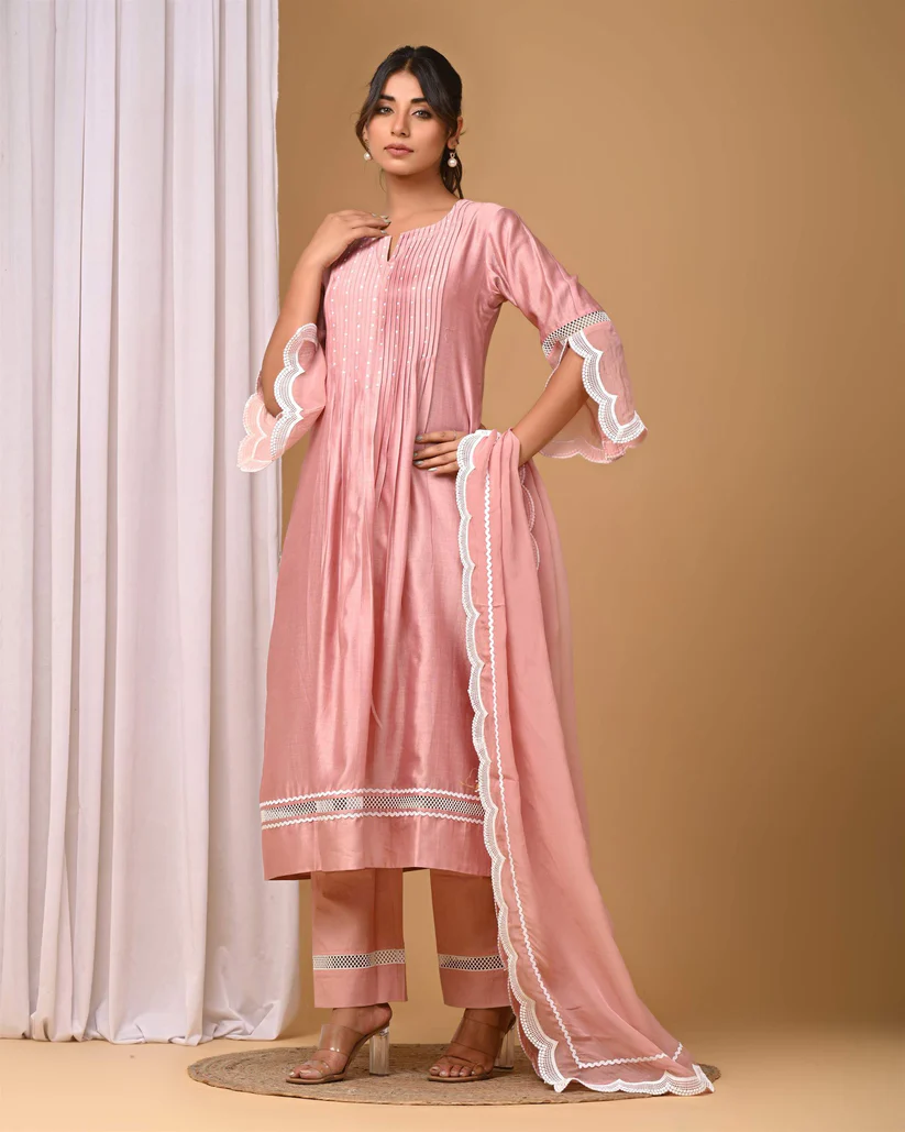 Gulabik Dusty Peach Front Pintucks Suit Set with Organza Sleeves