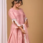 Gulabik Dusty Peach Front Pintucks Suit Set with Organza Sleeves