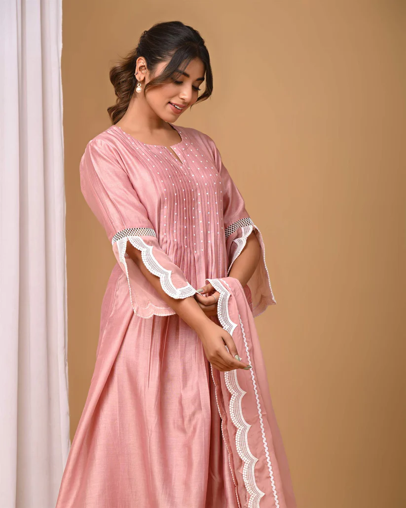 Gulabik Dusty Peach Front Pintucks Suit Set with Organza Sleeves