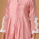 Gulabik Dusty Peach Front Pintucks Suit Set with Organza Sleeves