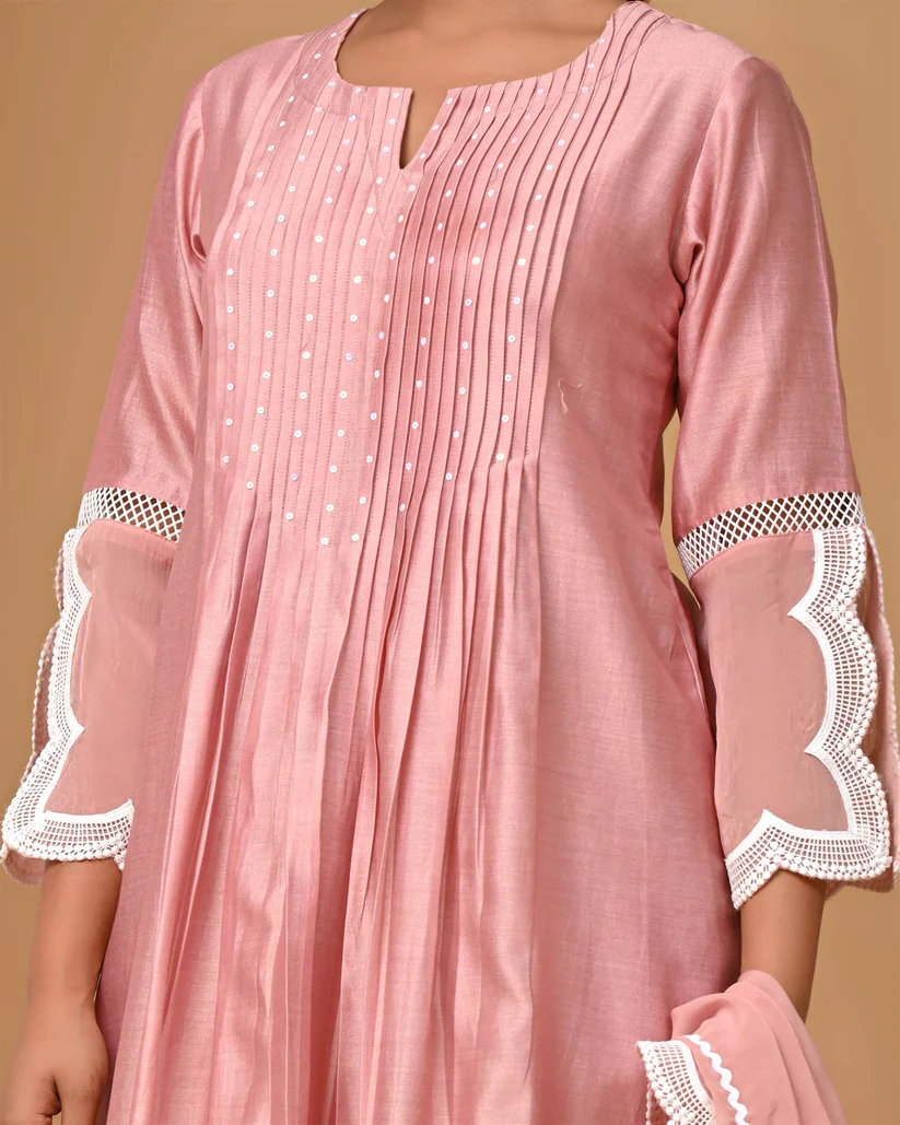 Gulabik Dusty Peach Front Pintucks Suit Set with Organza Sleeves