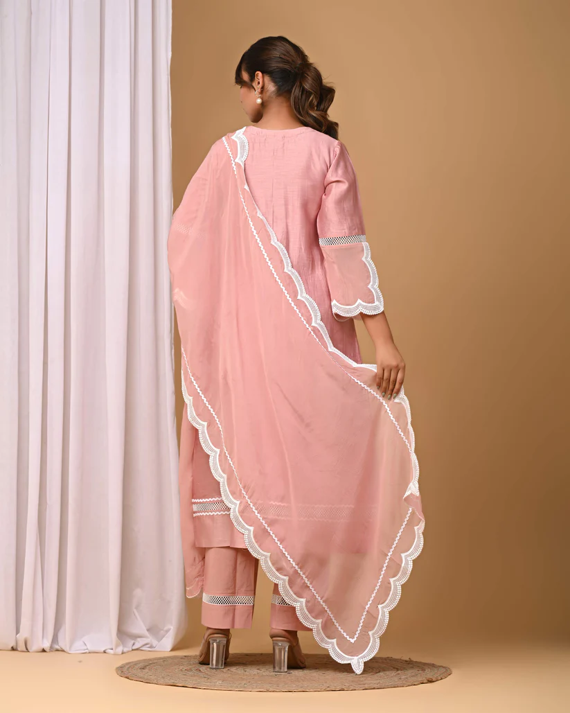 Gulabik Dusty Peach Front Pintucks Suit Set with Organza Sleeves