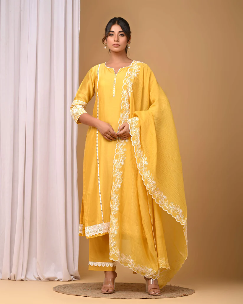 Gulabik Yellow Suit Set with Embroidered Sleeves and Dupatta
