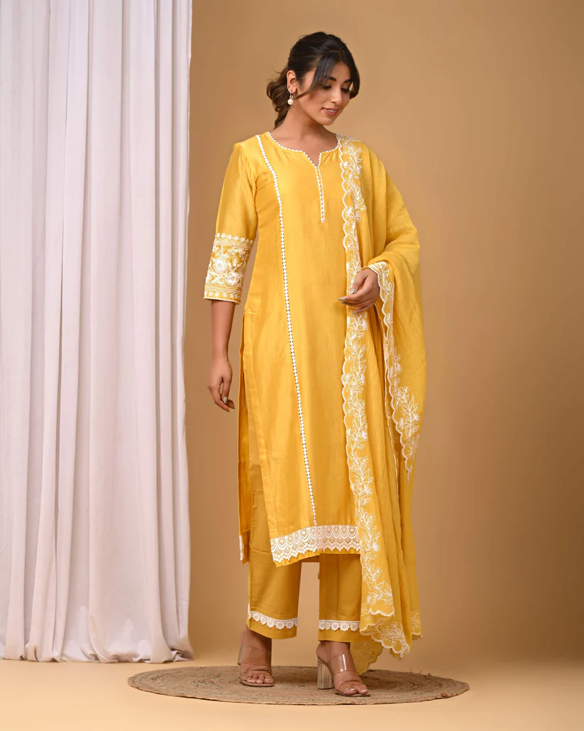 Gulabik Yellow Suit Set with Embroidered Sleeves and Dupatta