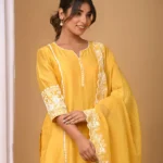 Gulabik Yellow Suit Set with Embroidered Sleeves and Dupatta