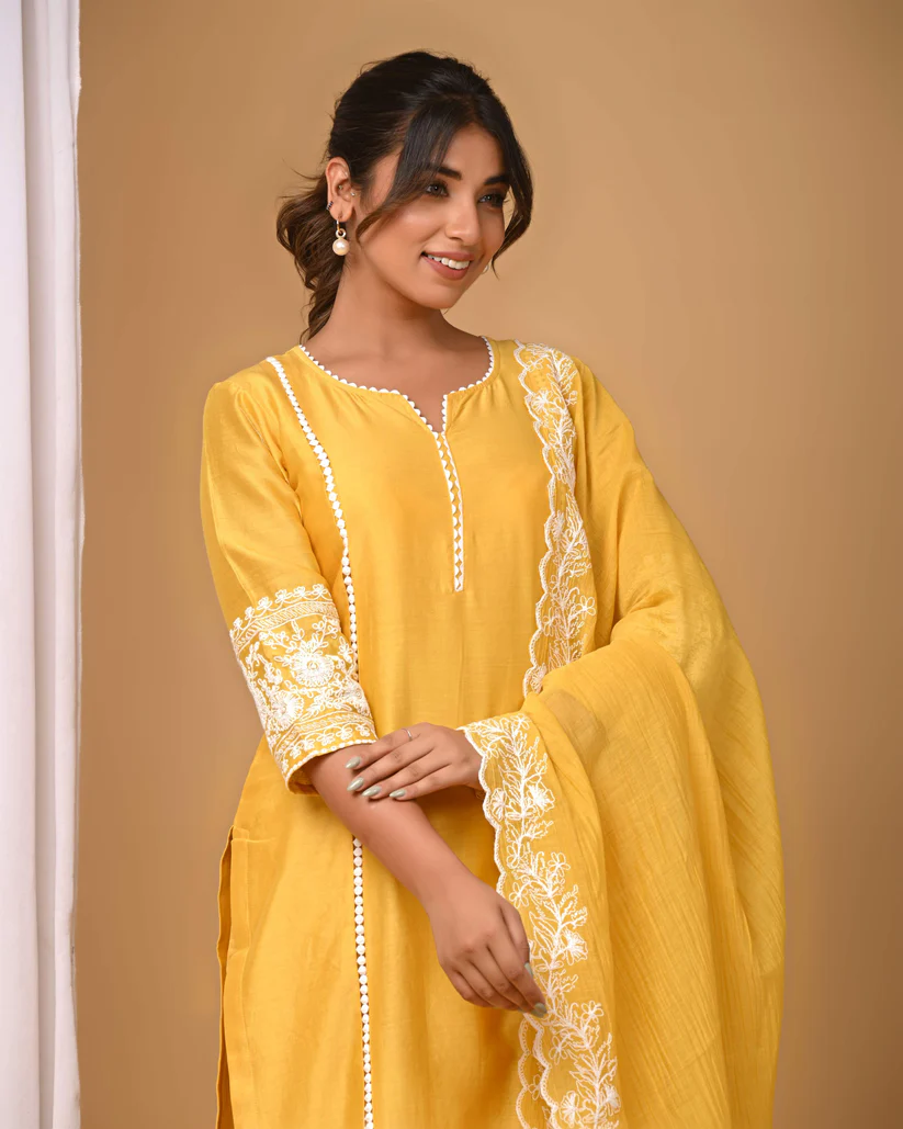Gulabik Yellow Suit Set with Embroidered Sleeves and Dupatta
