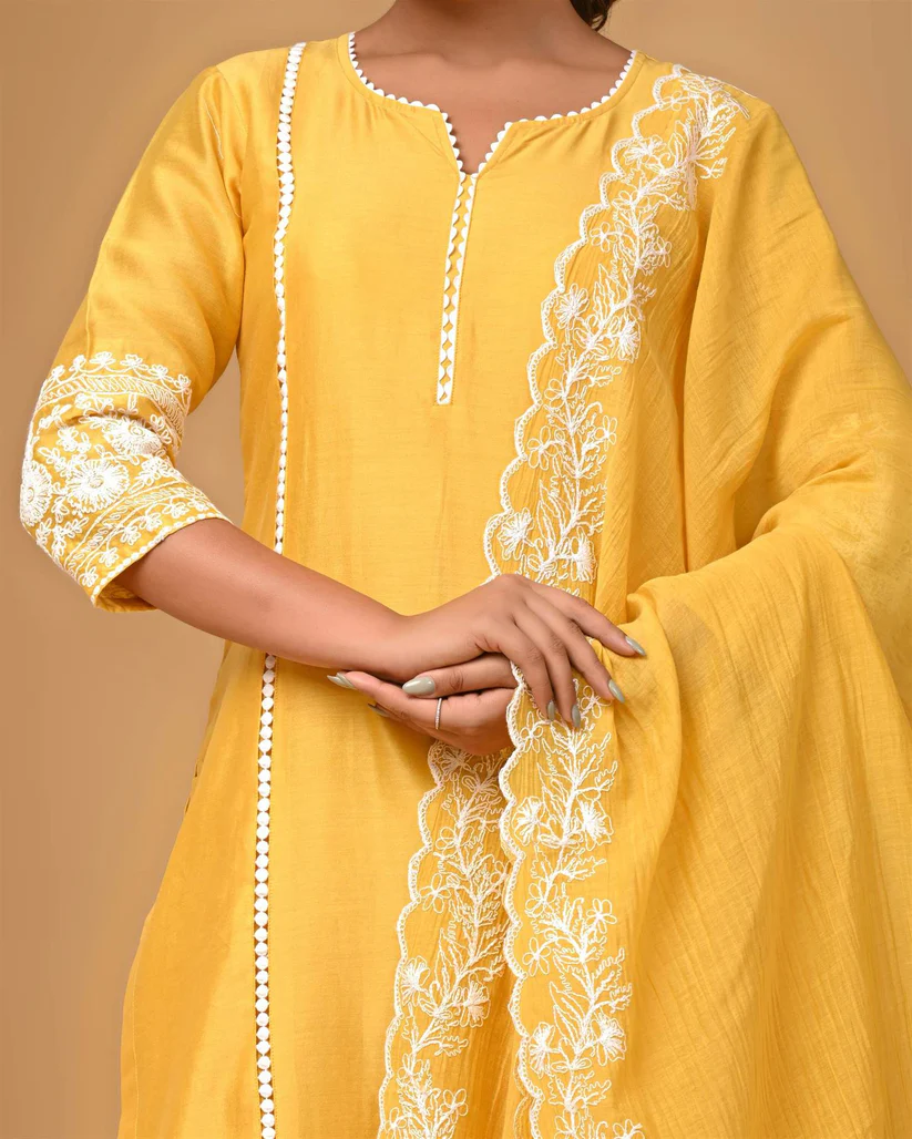 Gulabik Yellow Suit Set with Embroidered Sleeves and Dupatta